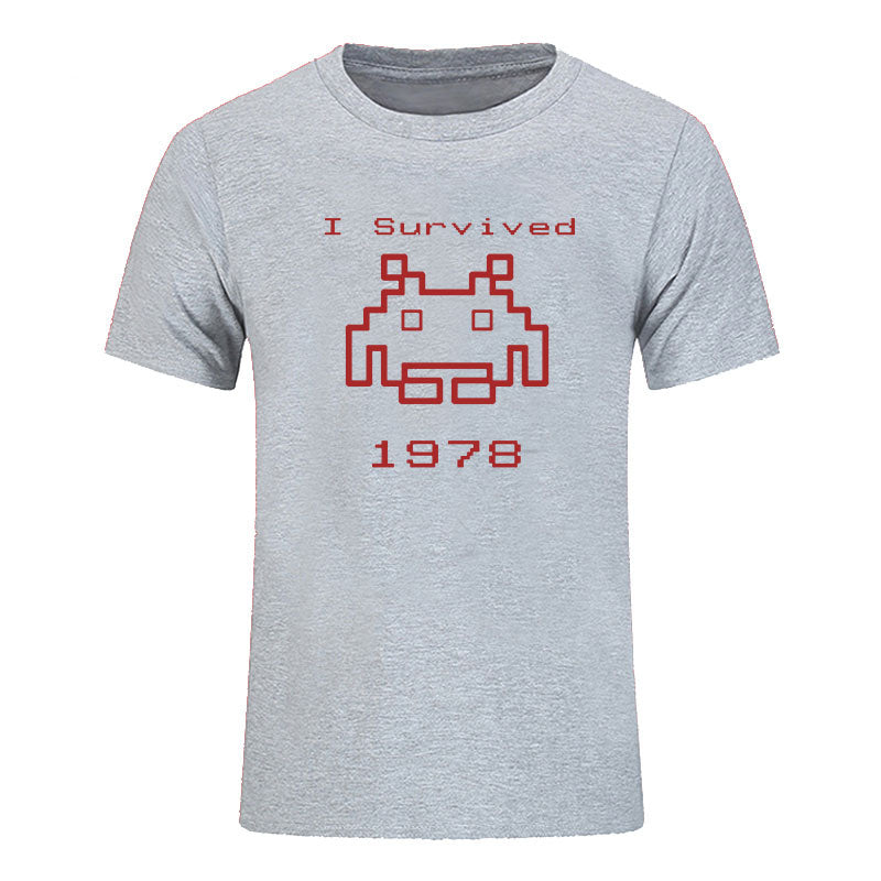 Grey Space Invaders T-Shirt With Red Text