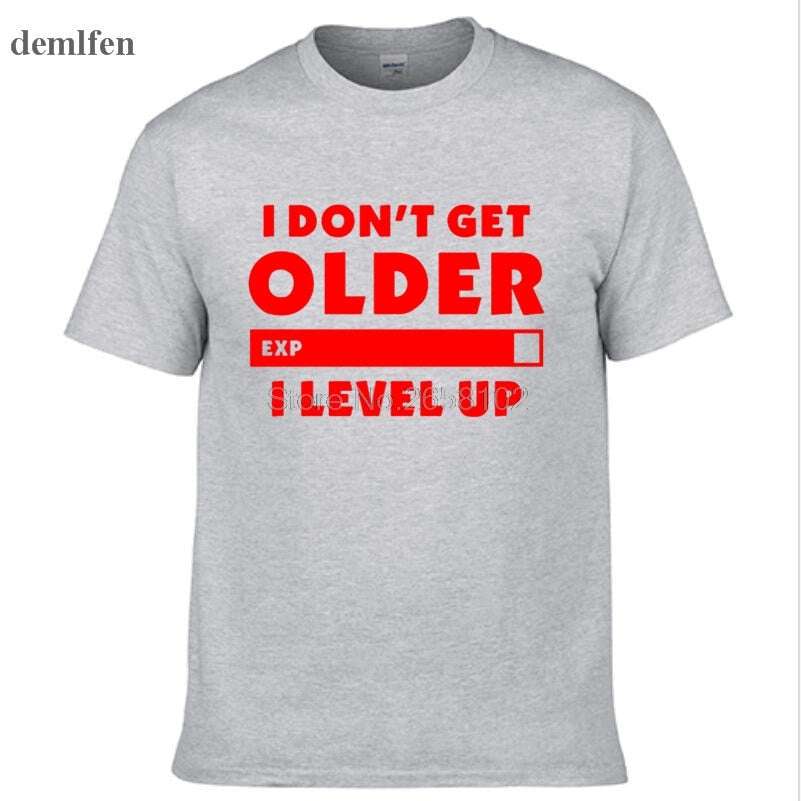 Grey "I Don't Get Older.  I Level Up" Gamer T-Shirt With Red Lettering