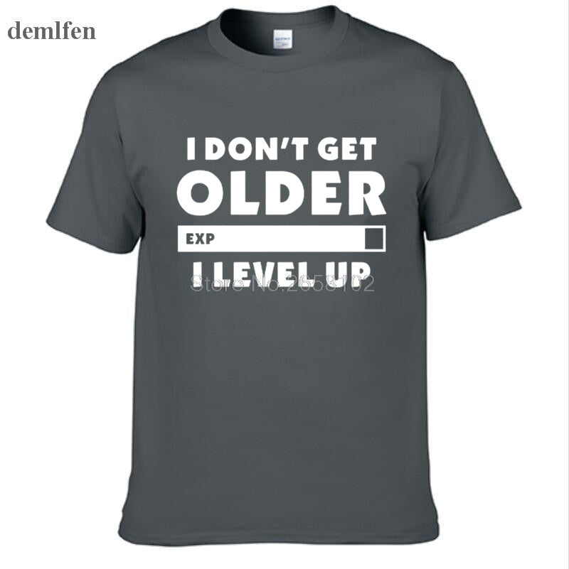 Dark Grey "I Don't Get Older.  I Level Up" Gamer T-Shirt With White Lettering