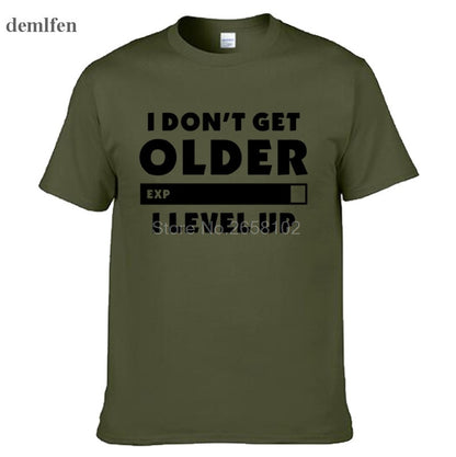 Army Green "I Don't Get Older.  I Level Up" Gamer T-Shirt With Black Lettering