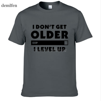 Dark Grey "I Don't Get Older.  I Level Up" Gamer T-Shirt With Black Lettering
