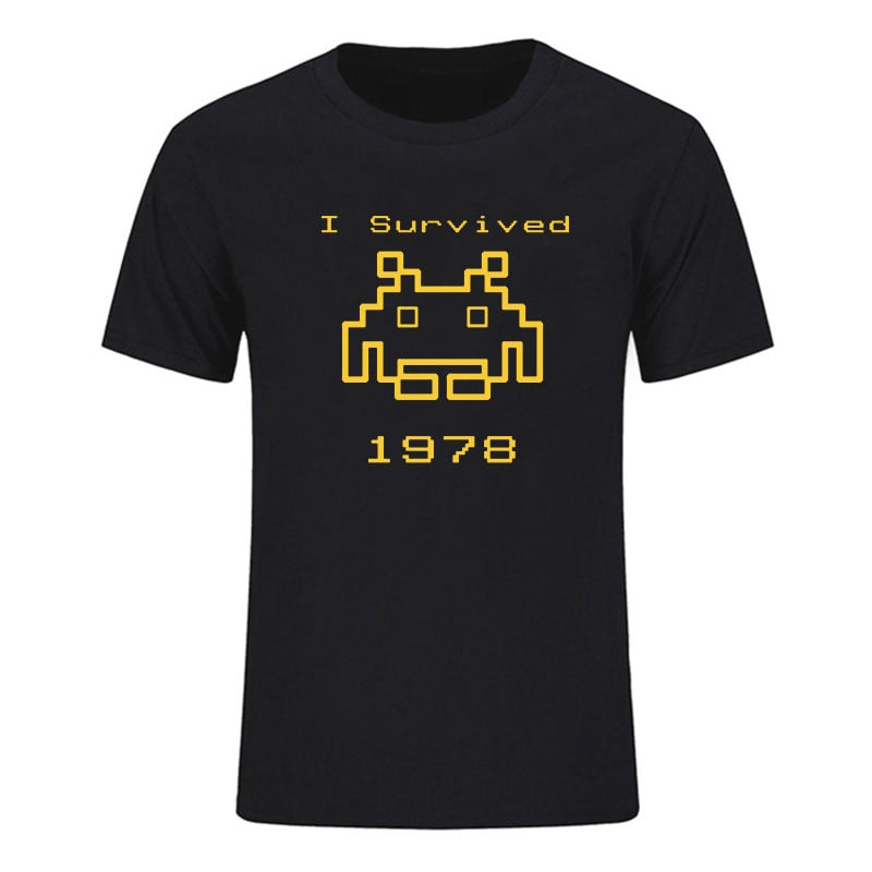 Black Space Invaders T-Shirt With Yellow Text