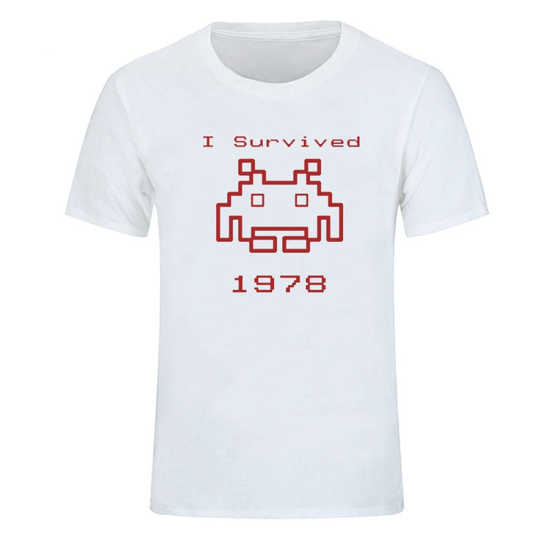 White Space Invaders T-Shirt With Red Text