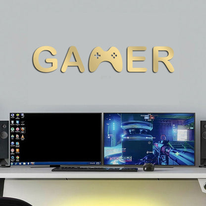 Gold Acrylic Mirror Gamer Wall Decal Above a Gaming Setup